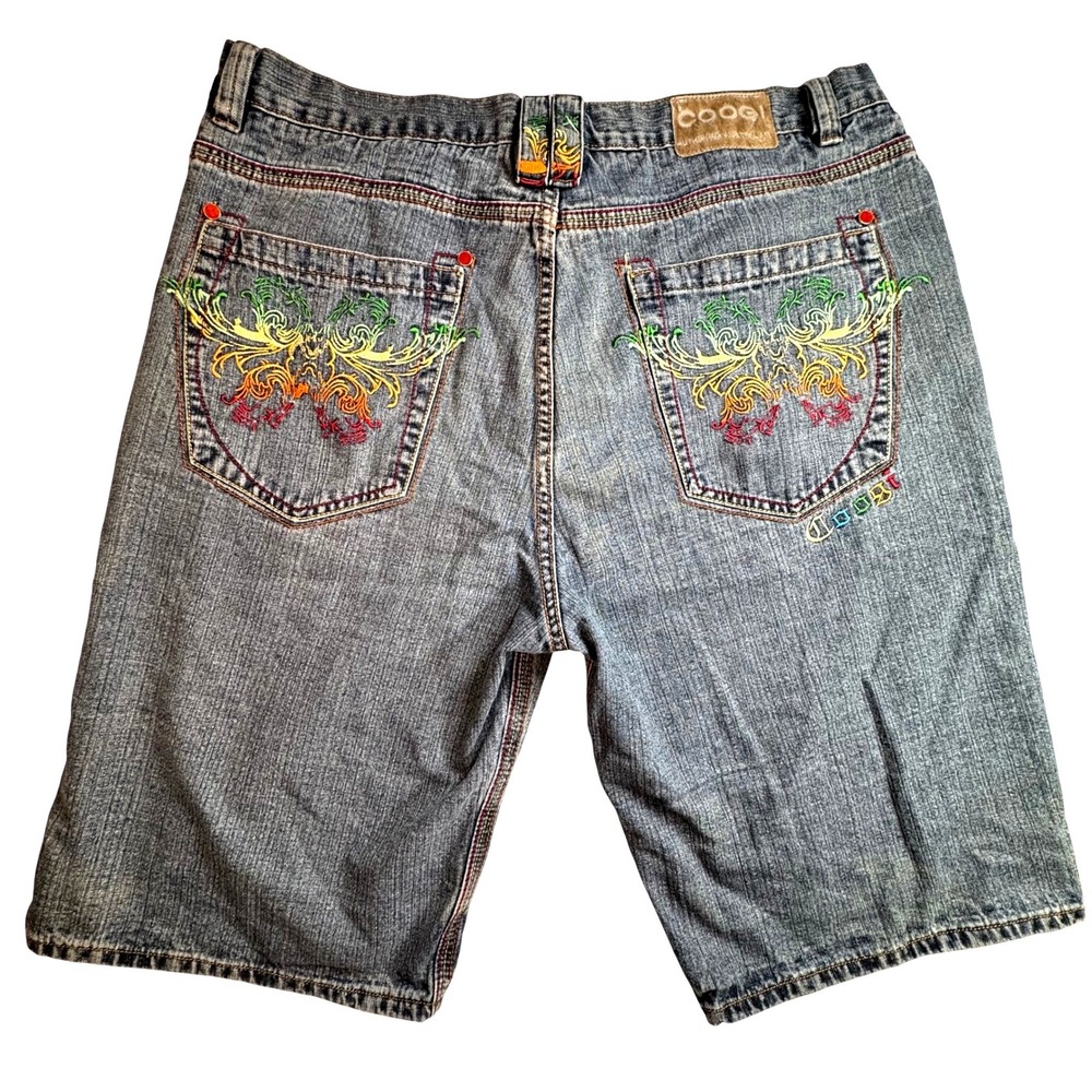 Coogi Australia Mens W44 Blue Denim Shorts Embroidered Multi Color Baggy Y2K